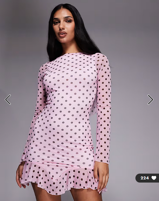 Kaiia exclusive slinky long sleeve ruffle hem open back mini dress in pink and black polka dot