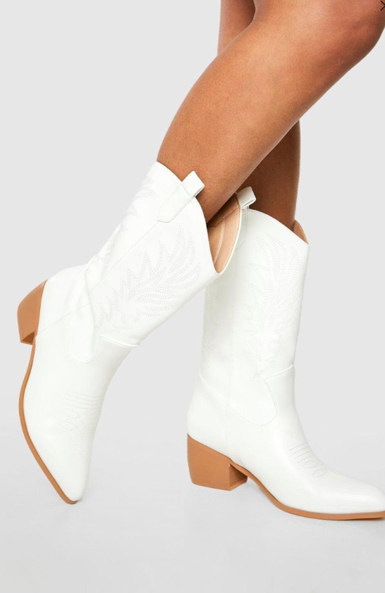 Wide Fit Tab Detail Ankle Cowboy Western Boots - white