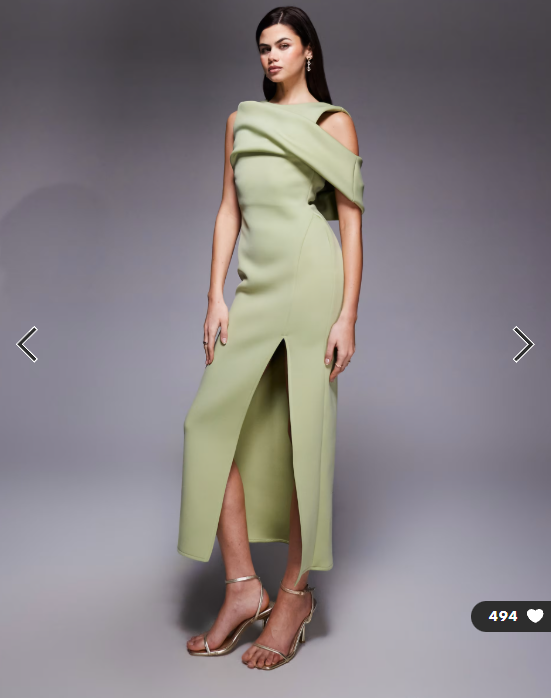 ASOS DESIGN drape cut out shoulder pencil dress in sage green scuba-style fabric