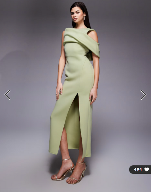 ASOS DESIGN drape cut out shoulder pencil dress in sage green scuba-style fabric