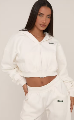 Long Sleeve Badge Detail Zip Up Cropped Hoodie In Pink