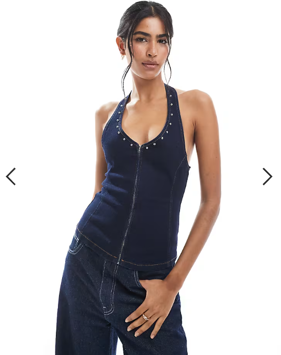 ASOS DESIGN denim halter neck top co-ord with zip front and studs in indigo