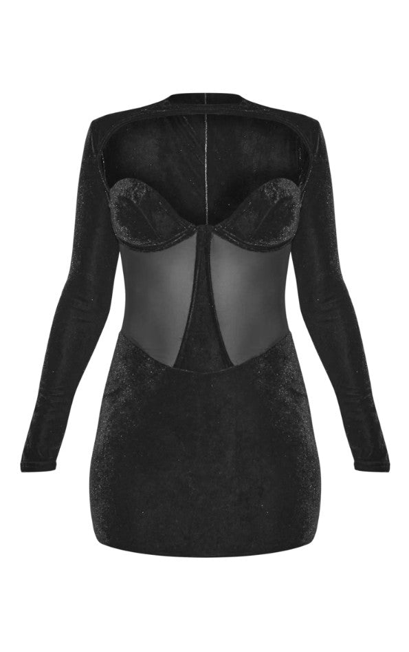 Black Velvet Side Cut Out Detail Bodycon Dress