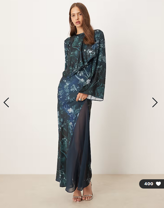 Asos - satin long sleeve cape detail maxi dress in navy floral print