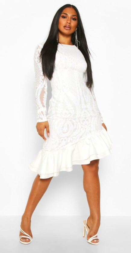 Boohoo - Sequin Baroque Ruffle Midi Dress - white