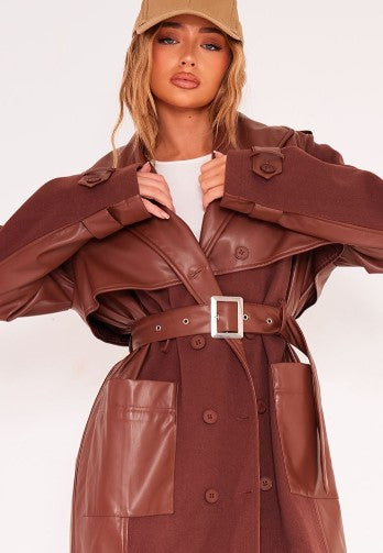 Chocolate Contrast Faux Leather Wool Look Belted Trench Coat