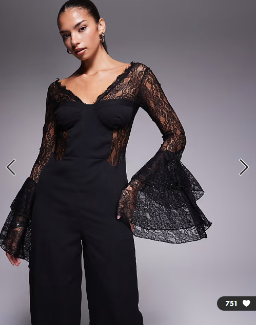 ASOS DESIGN corset detail jumpsuit with lace ruffle sleeves in black