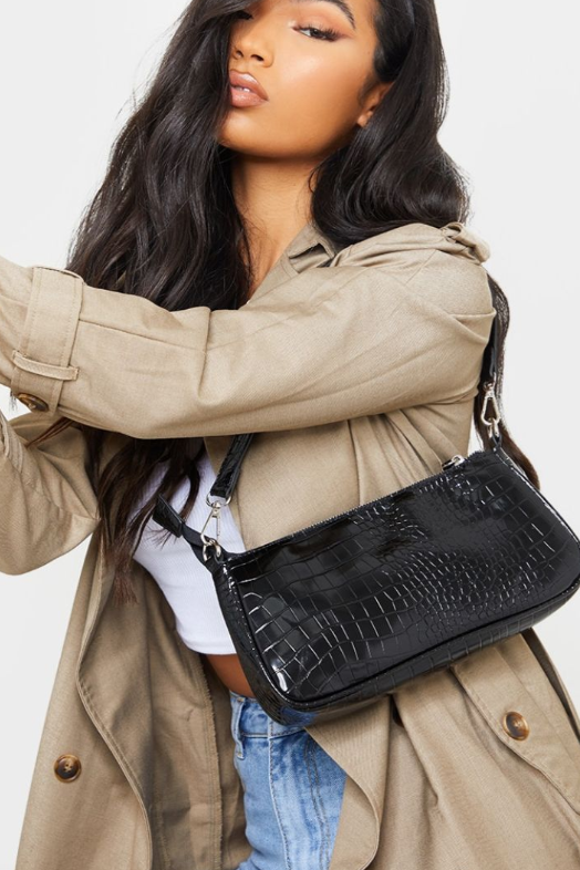 Prettylittlething Black Croc Shoulder Bag