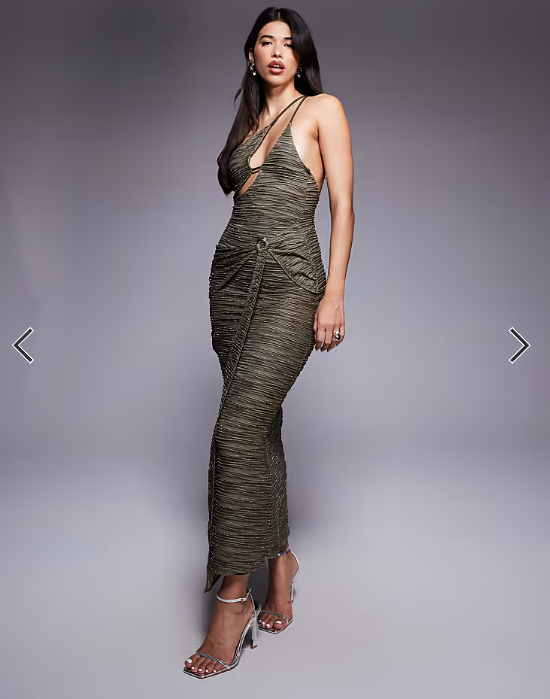 ASOS DESIGN drape waist blue shimmer plisse maxi dress in khaki