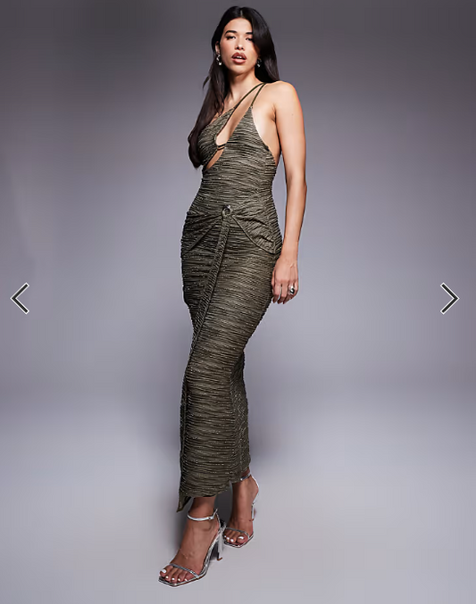 ASOS DESIGN drape waist blue shimmer plisse maxi dress in khaki