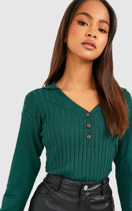 Boohoo Polo Collared Button Detail Knitted Jumper - forest