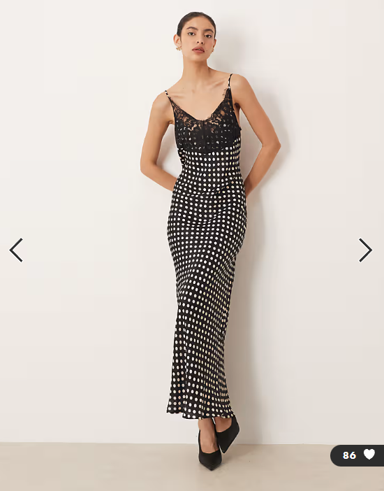 ASOS DESIGN lace bodice cami satin maxi dress in black spot