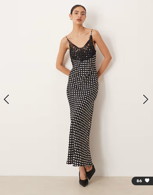 ASOS DESIGN lace bodice cami satin maxi dress in black spot