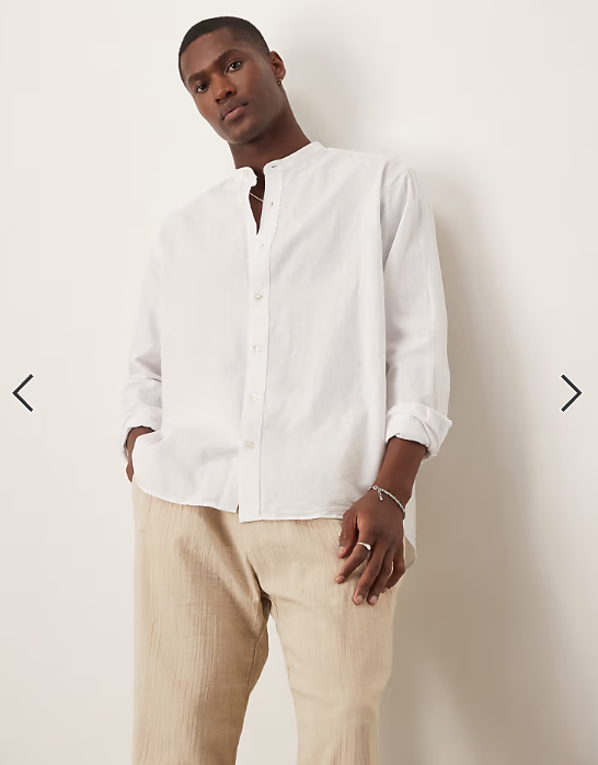 Selected long sleeve band collar linen blend shirt in white