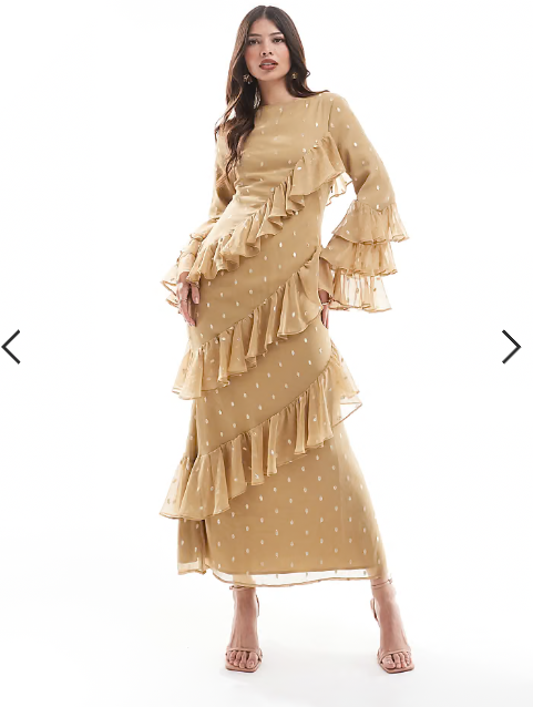 ASOS DESIGN tiered sleeve maxi dress with ruffles in gold dobby