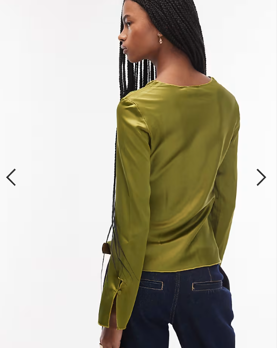 ASOS DESIGN tie front long sleeve satin top in olive
