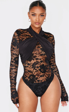 Shape Black Drape Detail Lace Bodysuit