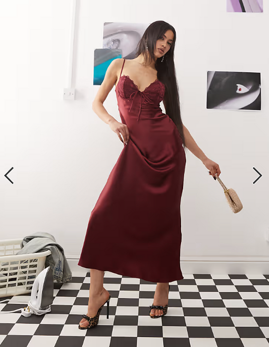 Princess Polly lace cup detail back cutout tie front cami satin slip maxi dress in burgundy
