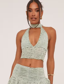 Plunge Choker Ruched Detail Crop Top In Sage Green Lace
