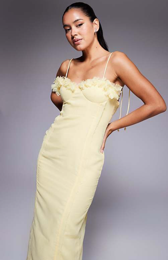 ASOS 3D Floral Bust Corset Linen Look Midi Dress in Yellow