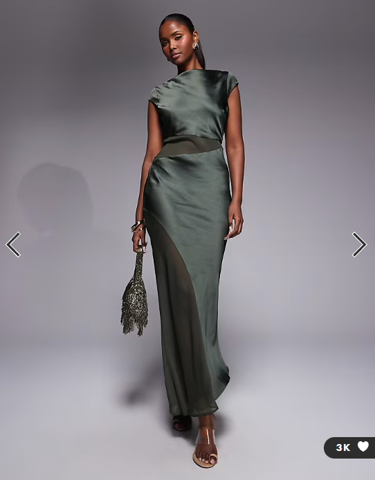 ASOS DESIGN cap sleeve satin midi dress with sheer chiffon panels in khaki