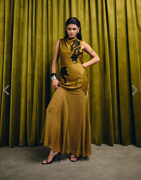 ASOS DESIGN satin drape back lace applique maxi dress with godets in cinnamon