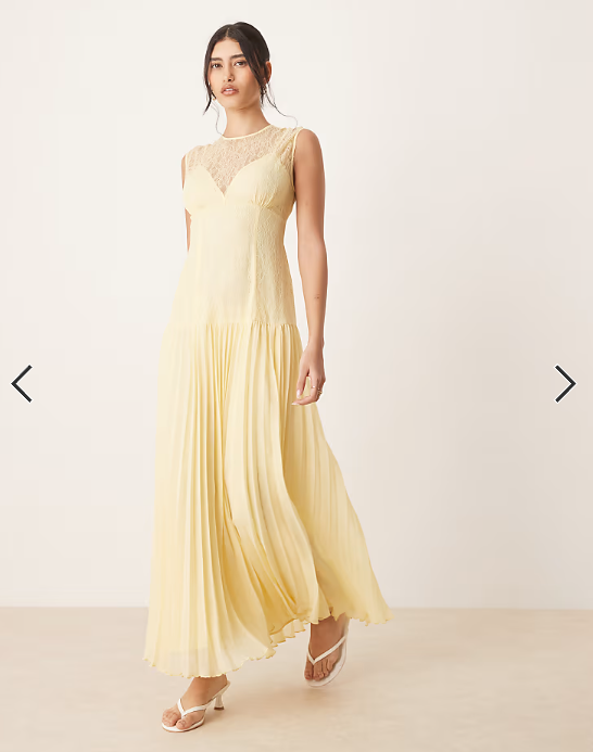 ASOS DESIGN lace bodice pleated skirt midaxi dress in lemon