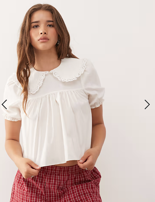 COLLUSION smock blouse with lace trim collar detail in white