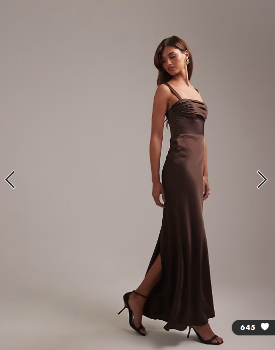ASOS DESIGN bridesmaids satin draped bust maxi dress with column skirt in chocolate