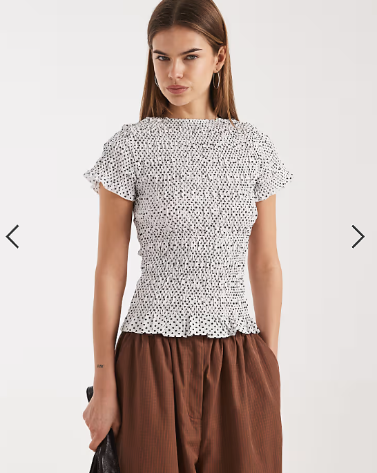 Daisy Street shirred short sleeve top in black polka dot