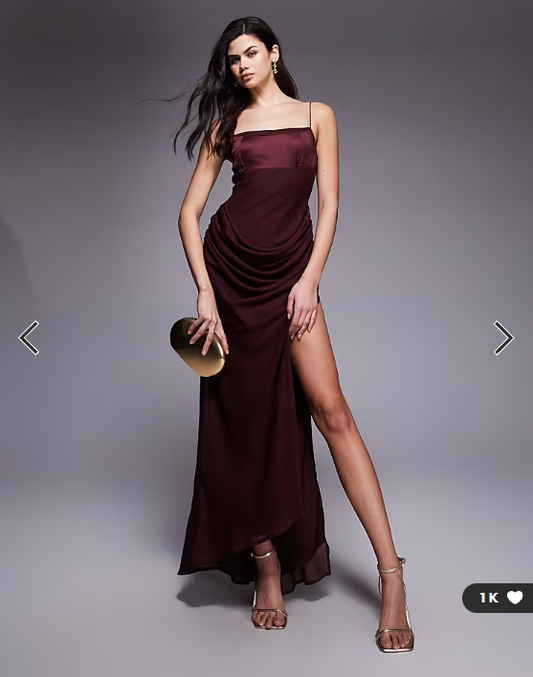 ASOS DESIGN satin bust square neck maxi dress with drape chiffon skirt in chocolate