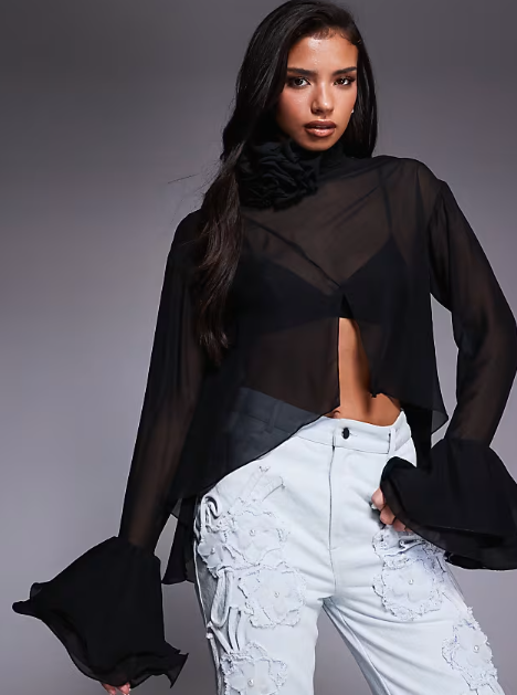 ASOS LUXE high neck sheer top with corsage detail in black