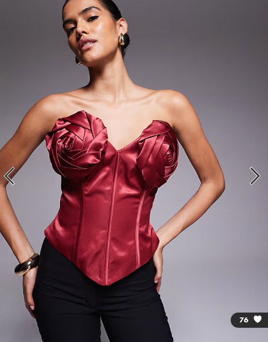 ASOS LUXE bonded satin corset bandeau top with corsage detail in berry
