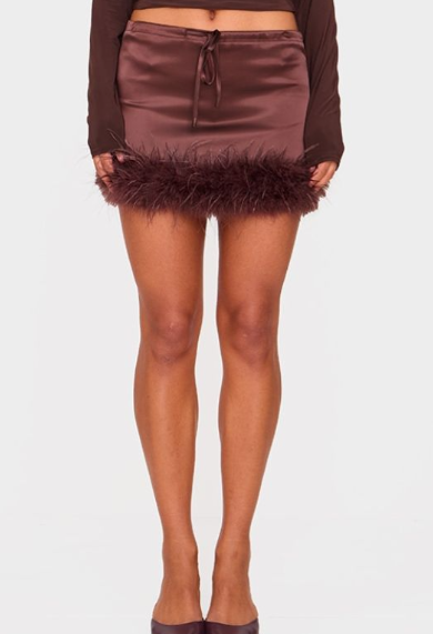 Chocolate Satin Drawstring Waist Detail Feather Hem Mini Skirt
