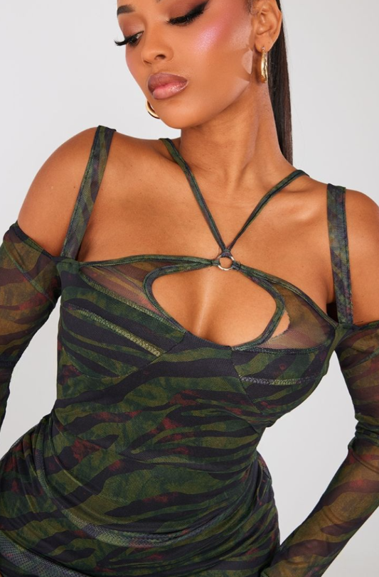Shape Green Tiger Print Mesh Ring Halterneck Ruched Bodycon Dress