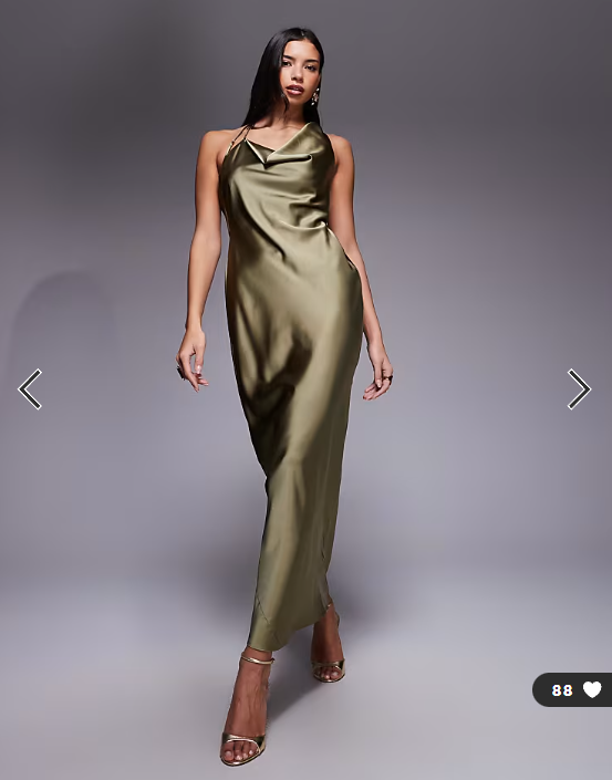 ASOS DESIGN one shoulder asymmetric drape satin maxi dress in khaki