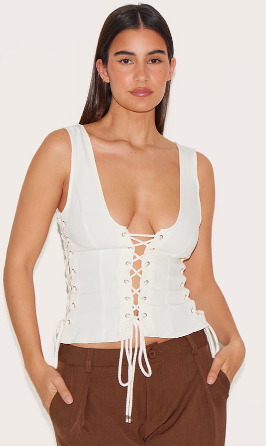 Cream Woven Lace Up Detail Plunge Sleeveless Top