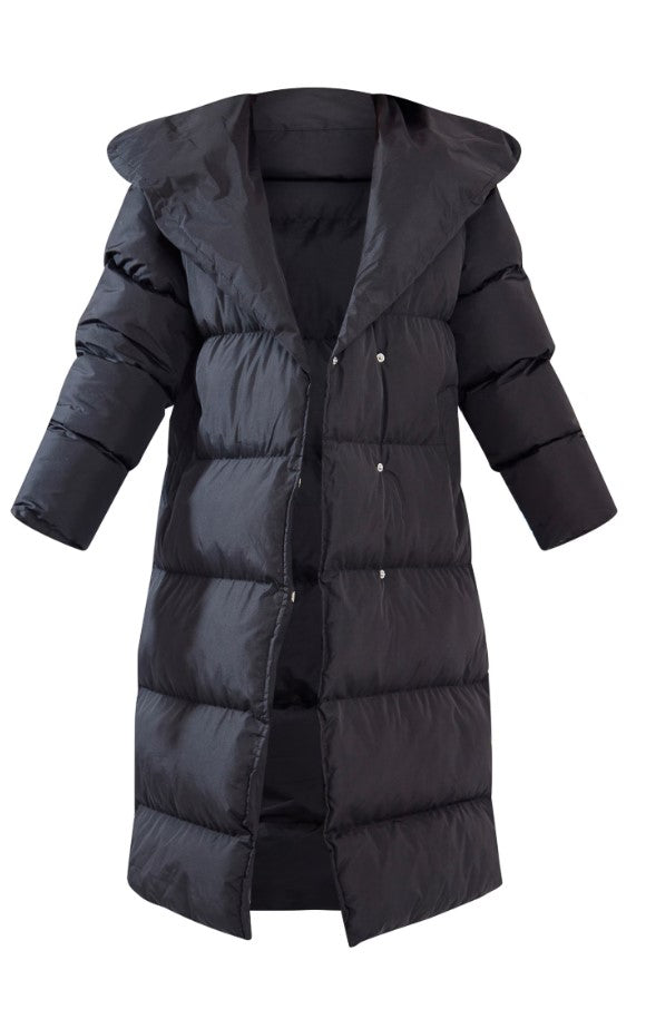 Black Chevron Quilted Maxi Puffer Coat