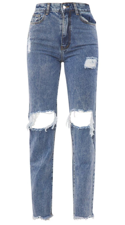 Vintage Wash High Rise Ripped Straight leg Jeans