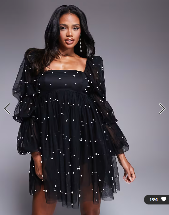 ASOS LUXE tulle baby doll dress with pearl embellishment in black
