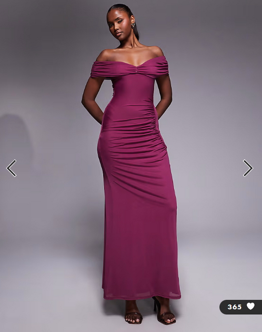 ASOS DESIGN mesh off shoulder ruched maxi dress in plum