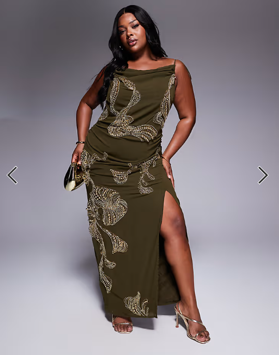 ASOS DESIGN Curve draped skirt overlay maxi dress with dropped waist and embellishment in khaki