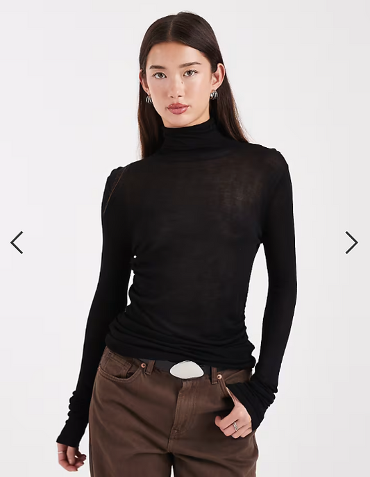 ASOS DESIGN sheer soft touch ruched side high neck top in BLACK