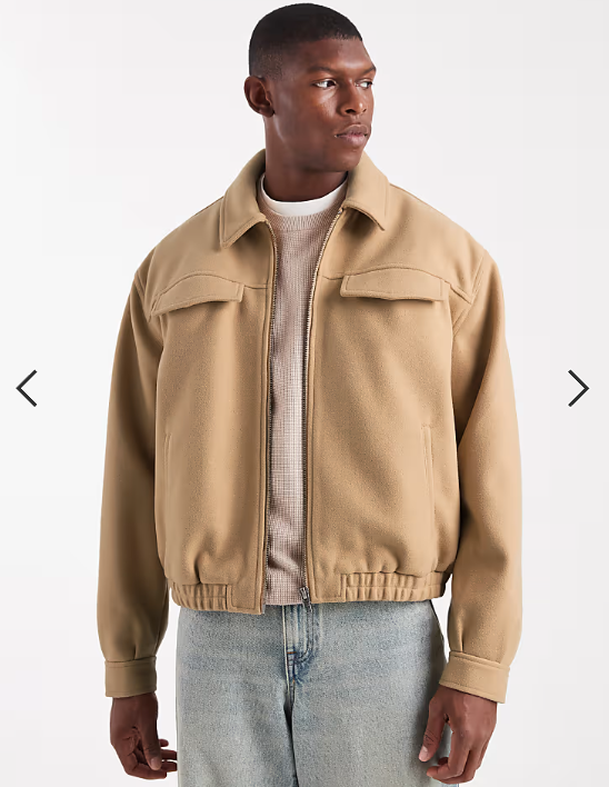 ASOS DESIGN boxy harrington jacket in wool look in camel