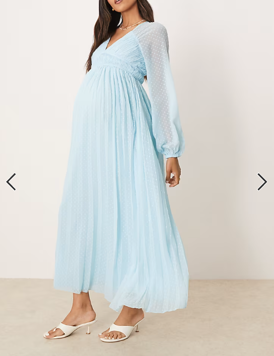 ASOS DESIGN Maternity plunge long sleeve pleated midaxi dress in pastel blue