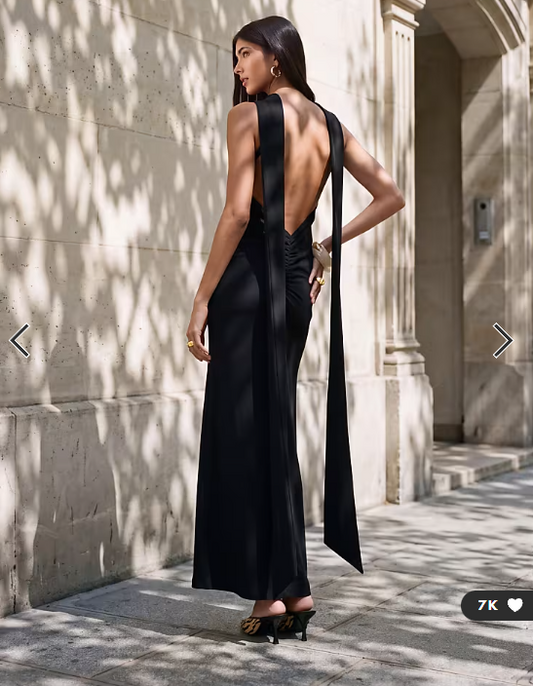 ASOS DESIGN crepe scarf detail with plunge back in black in scuba-style fabric