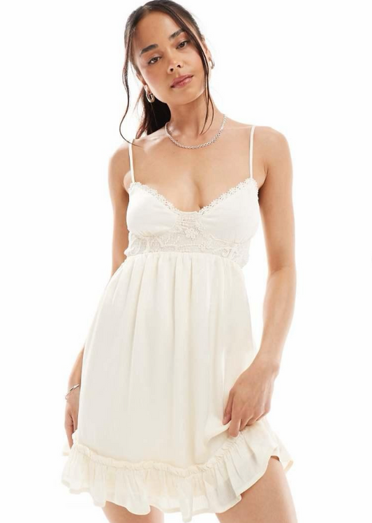 Stradivarius Swing Mesh Detail Ruffle Trim Mini Dress in