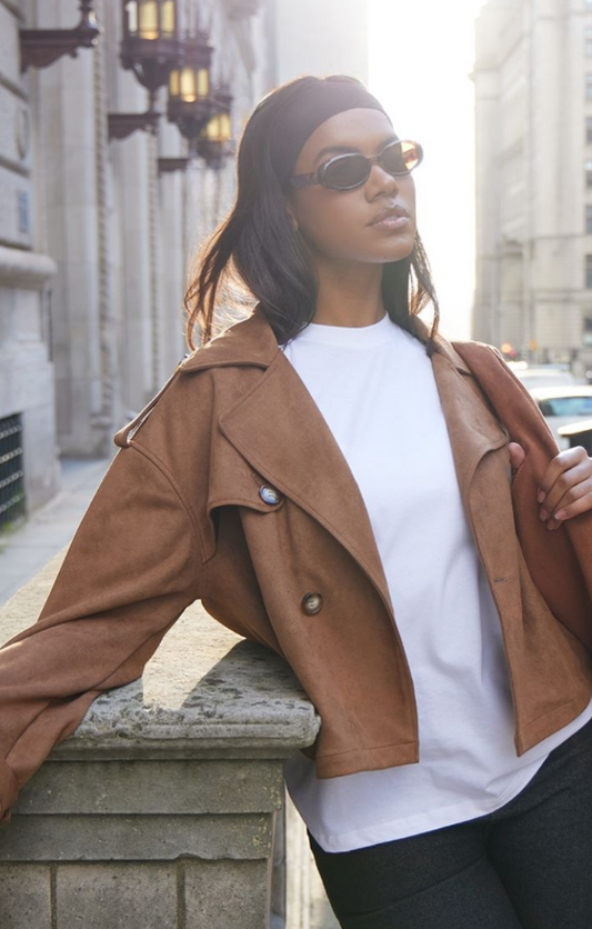 Brown Faux Suede Double Breasted Cropped Trench Coat