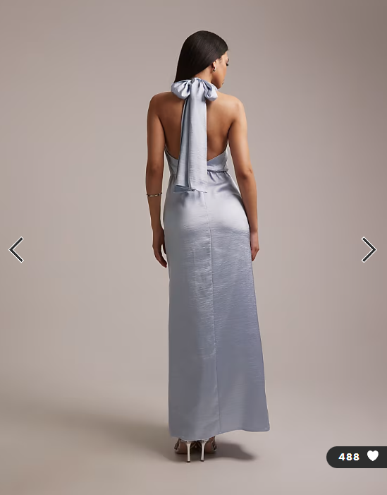 TFNC Bridesmaid satin plunge halterneck tassel detail maxi dress in blue