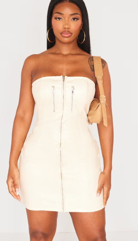 Plt - Shape Cream Faux Leather Zip Detail Bodycon Dress
